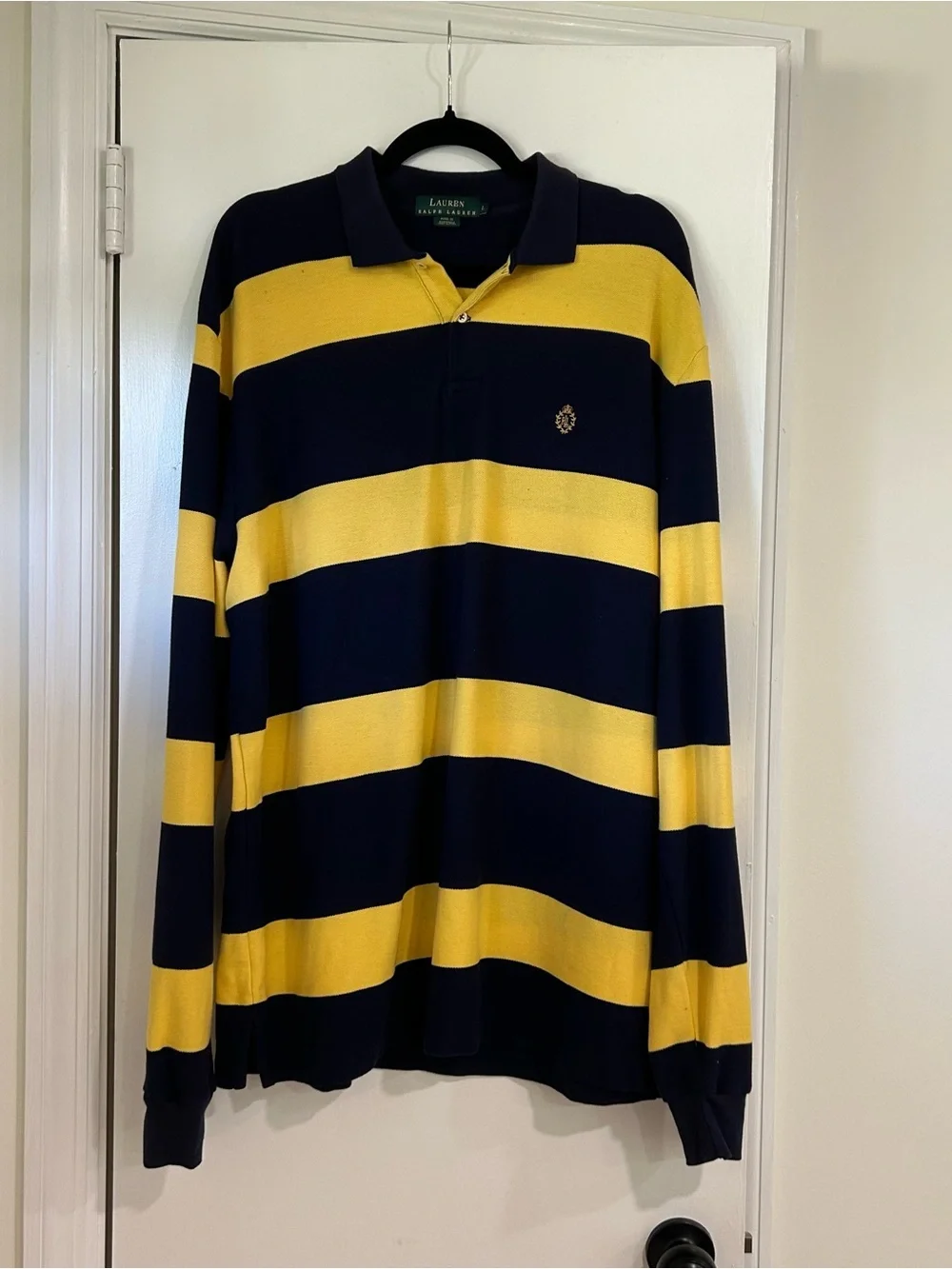 Ralph Lauren Men’s Striped Rugby Polo in Navy & Yellow Preppy Sz Large